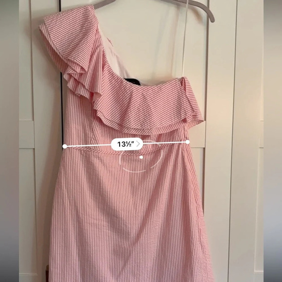 J. Crew, pink and white striped, one shoulder, seersucker dress, size 6 - Picture 7 of 8
